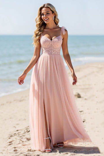Blush A Line Tulle Long Boho Bridesmaid Dress with Lace